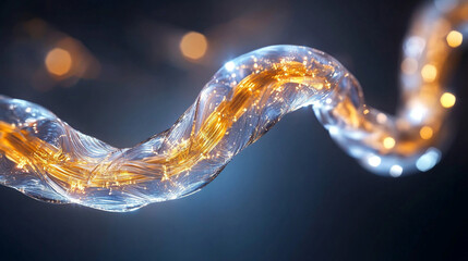 Futuristic gold, white, and silver high-tech submarine fiber optic cable in vibrant detail, symbolizing global connectivity, technological advancement, and seamless data transmission.