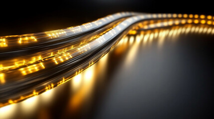 Futuristic gold, white, and silver high-tech submarine fiber optic cable in vibrant detail, symbolizing global connectivity, technological advancement, and seamless data transmission.