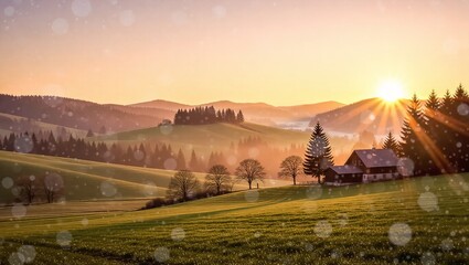 Golden Sunrise Over Rolling Hills and Rustic Cabin in a Serene Mountain Landscape.