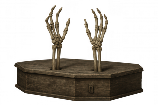 Skeleton hands rising from wooden coffin lid, symbolizing death, resurrection, and halloween themes on transparent background