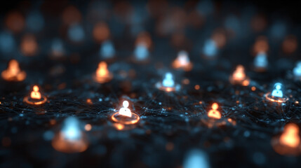 Glowing digital network of user icons representing IAM roles, access control, secure data, cybersecurity protocols, user identity, and permissions in a modern tech environment.