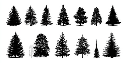 Fototapeta premium Collection of Black Pine Tree Silhouettes Against White Background