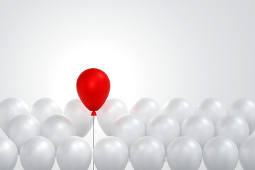 Red balloon floating higher than group of white balloon, leader, creative, different, thinking, idea, 3D rendering.