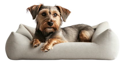 Adorable terrier mix resting comfortably on a soft, grey cushion bed