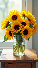 Fototapeta premium bright yellow sunflowers in glass jar on wooden table by window with warm morning sunlight
