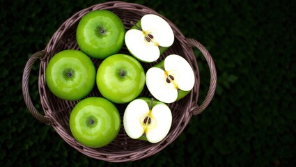 Green Apples in a Basket - Fresh Fruit Display.