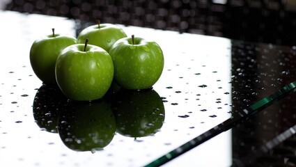 Green apples on a reflective surface with water droplets.