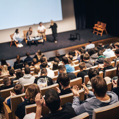 Interview and round table discussion at business convention and presentation. Audience at the...