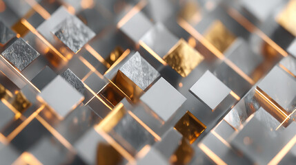 Gold white and silver geometric shapes with triangles squares and diagonal neon light layers symbolizing professionalism innovation and growth representing modern abstract design and corporate aesthet
