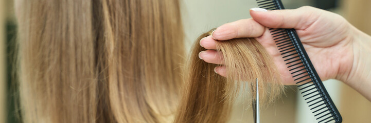 Close-up of caucasian female hairstylist cutting long blonde hair with scissors and comb in salon...