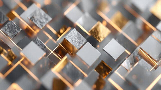 Gold white and silver geometric shapes with triangles squares and diagonal neon light layers symbolizing professionalism innovation and growth representing modern abstract design and corporate aesthet - Powered by Adobe