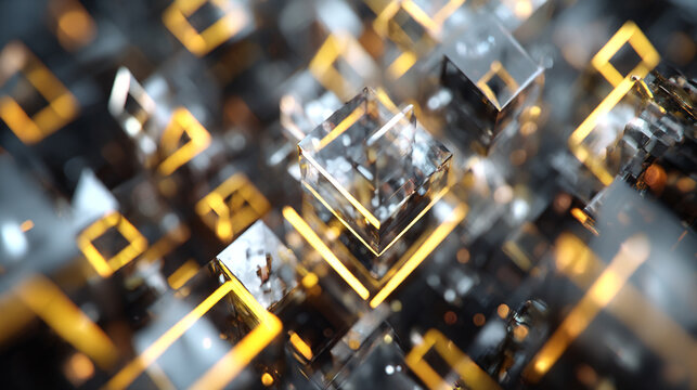 Gold white and silver geometric shapes with triangles squares and diagonal neon light layers symbolizing professionalism innovation and growth representing modern abstract design and corporate aesthet - Powered by Adobe