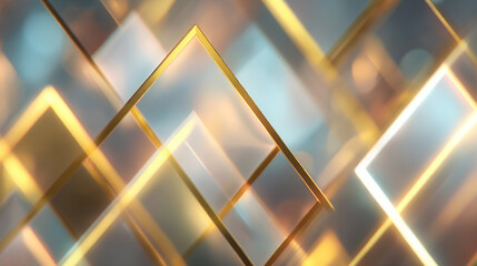 Gold white and silver geometric shapes with triangles squares and diagonal neon light layers symbolizing professionalism innovation and growth representing modern abstract design and corporate aesthet