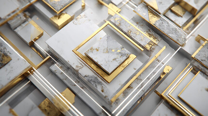 Gold white and silver geometric shapes with triangles squares and diagonal neon light layers symbolizing professionalism innovation and growth representing modern abstract design and corporate aesthet