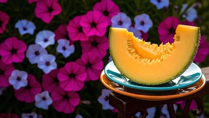 Juicy cantaloupe melon slice resting on a colorful plate in a garden.