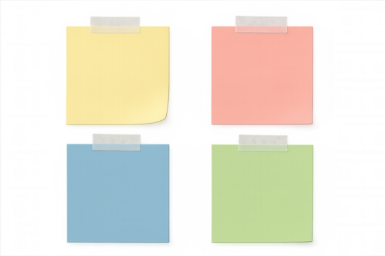 Pastel sticky notes set with peeling corner and masking tape on transparent background, adding reminder messages