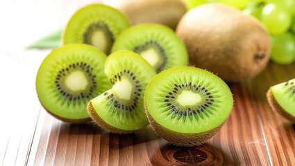 Kiwi Fruit Slices and Whole Fruits on Wooden Surface.