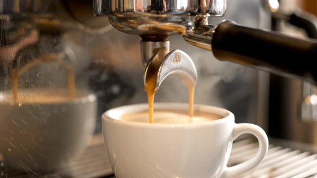 Close-up shot of pouring hot espresso coffee from a machine into a glass at a cafe - Powered by Adobe