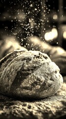 Freshly baked bread with flour dust and lighting in a cozy kitchen setting during evening hours