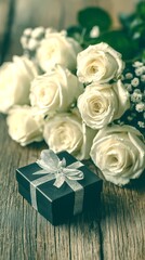Elegant gift box beside fresh roses on a rustic wooden table, perfect for special occasions and celebrations