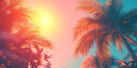 Sunset rays shining through palm trees creates a tropical atmosphere