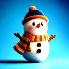 Cute snowman wearing a striped scarf and hat against a blue background in a cozy winter setting - High Contrast