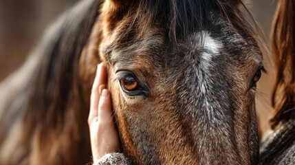 Connection between human and horse in serene outdoor setting during hour