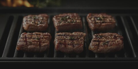 Grilling perfectly seared beef steaks outdoors on a barbecue during a sunny afternoon - Low Contrast