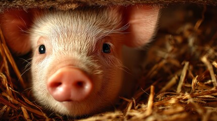 Cute piglet looking curiously from straw in barn during daylight