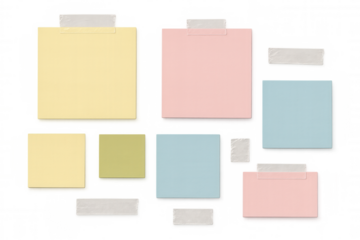 Pastel sticky notes and masking tape creating a blank message board, organizing ideas on a transparent background