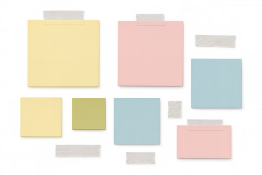 Pastel sticky notes and masking tape creating a blank message board, organizing ideas on a transparent background