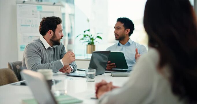 Fight, meeting or business people in office with tech, conflict or frustration in company issue. Disagreement, crisis or employee in boardroom with discussion, anger or upset in online report mistake