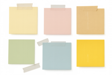 Blank colorful sticky notes attached with masking tape on transparent background for message and reminder