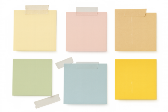 Blank colorful sticky notes attached with masking tape on transparent background for message and reminder