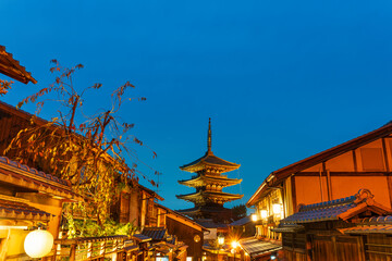 Hōkan-ji Temple (Yasaka Pagoda) at night on Gion street in Kyoto. Japan