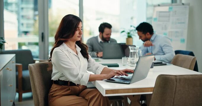Woman, research or coworking in office with laptop for report feedback, review or project management. Business people, employee or typing with computer in workplace for budget plan, proposal or admin