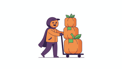 Happy pumpkin delivery character transports festive autumn boxes on a hand truck