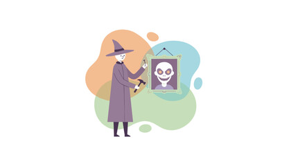 Character in wizard hat hanging spooky monster portrait with hammer and nail