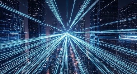 Abstract city view with glowing lines of data and information technology