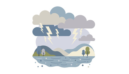 Illustrative stormy landscape with lightning clouds hills and lake Natures power
