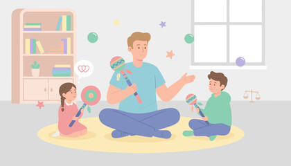Obraz premium Adult two kids happily playing maracas in a bright room Family fun early education concept