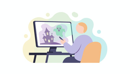 Person creating digital art with a haunted house and ghost on screen Creative design concept
