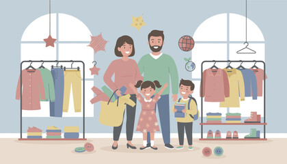 Happy family shopping for new clothes Joyful kids parents retail lifestyle backtoschool