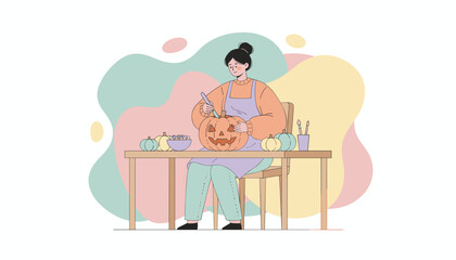 Woman carving a Halloween jackolantern enjoying seasonal autumn craft