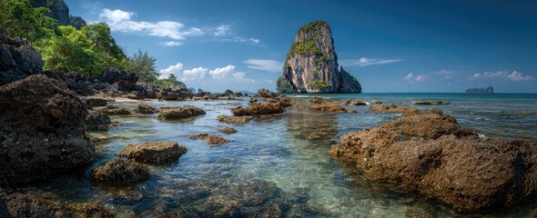 Scenic Tropical Beach with Limestone Cliffs and Clear Water in Thailand a Blue Sky Day and Lush Greenery on the Shoreline Under Bright Sunlight