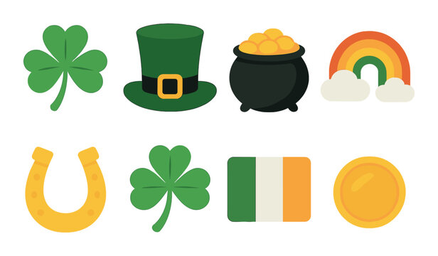 St. patrick's day symbols: shamrock, leprechaun hat, pot of gold, rainbow, horseshoe, ireland flag, coin
