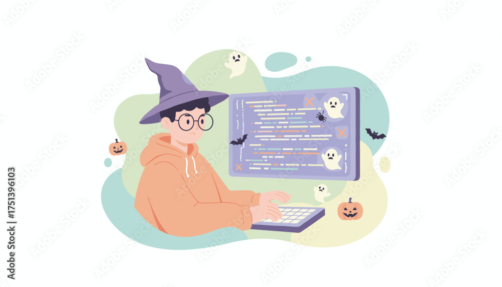 Wall mural halloween programmer coding with spooky errors tech development and holiday concept