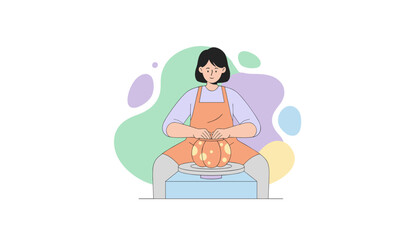 Woman crafting a unique pot on a pottery wheel Creative hobby handmade art design relaxation