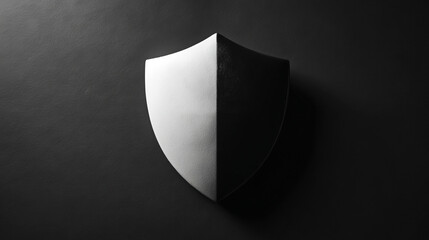 Minimalistic cybersecurity concept with a shield icon on a clean white and black matte background symbolizing protection security and digital safety representing modern technology and online defense