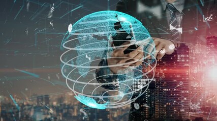 A businessman interacts with a smartphone against a backdrop of a digital globe and a city skyline, symbolizing technology, globalization, and business innovation. Xenic - Powered by Adobe